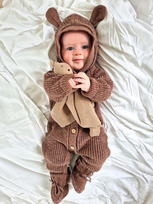 Cocoa Bear Romper, Booties and Bunny Comforter