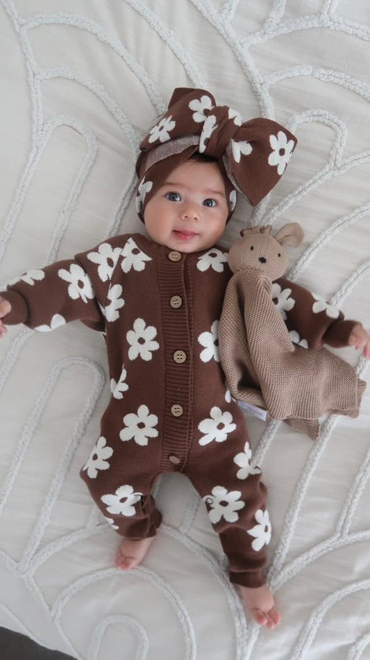 Daisy Romper, Booties, Topknot and Bunny Comforter