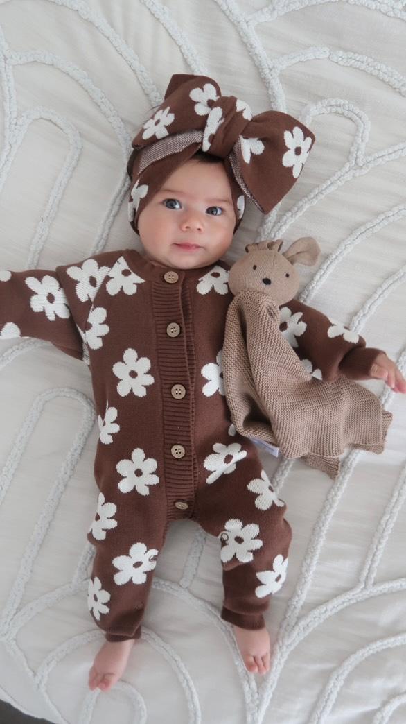 Daisy Romper, Booties, Topknot and Bunny Comforter