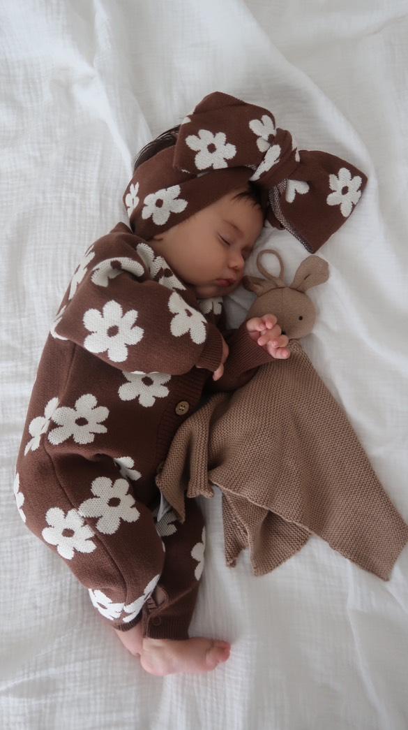 Daisy Romper, Booties, Topknot and Bunny Comforter